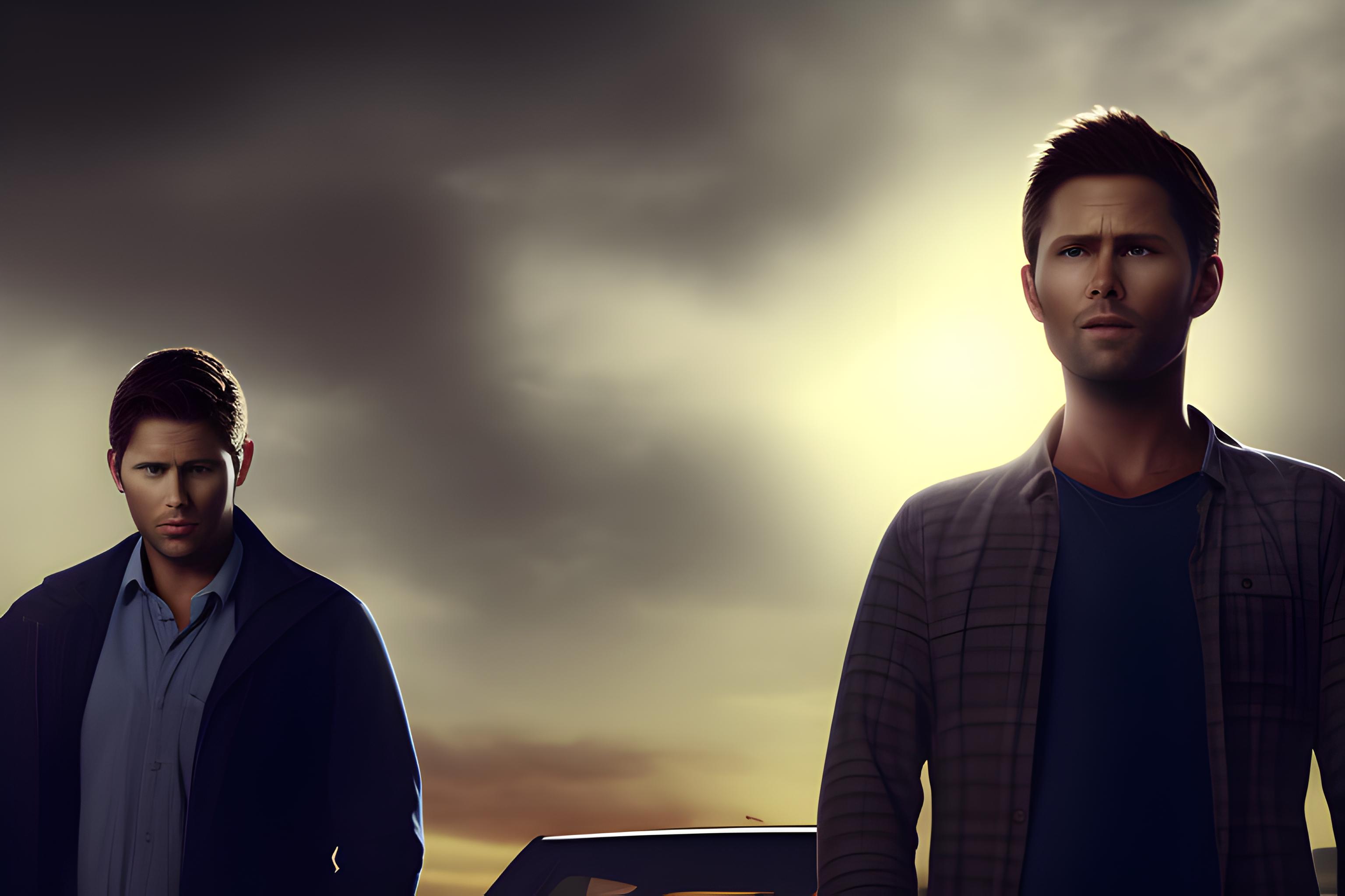 je voudrais un fond d'ecran style supernatural avec dean et sam adosser a leur voiture chacun d'un cote mais il sont dans l'ombre on ne les voie que grace a la lumiere de la lune maison ne voix pas eur visage juste leur silouhette fais en sorte qu'il est l'air epuiser mais reste debout malgre tout